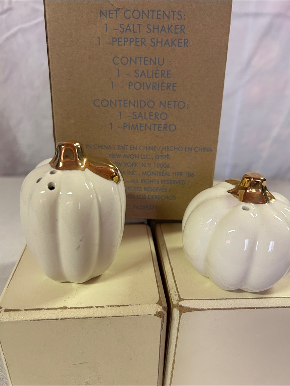 Avon Cream Ceramic Pumpkin Salt & Pepper Shakers with Gold Tops